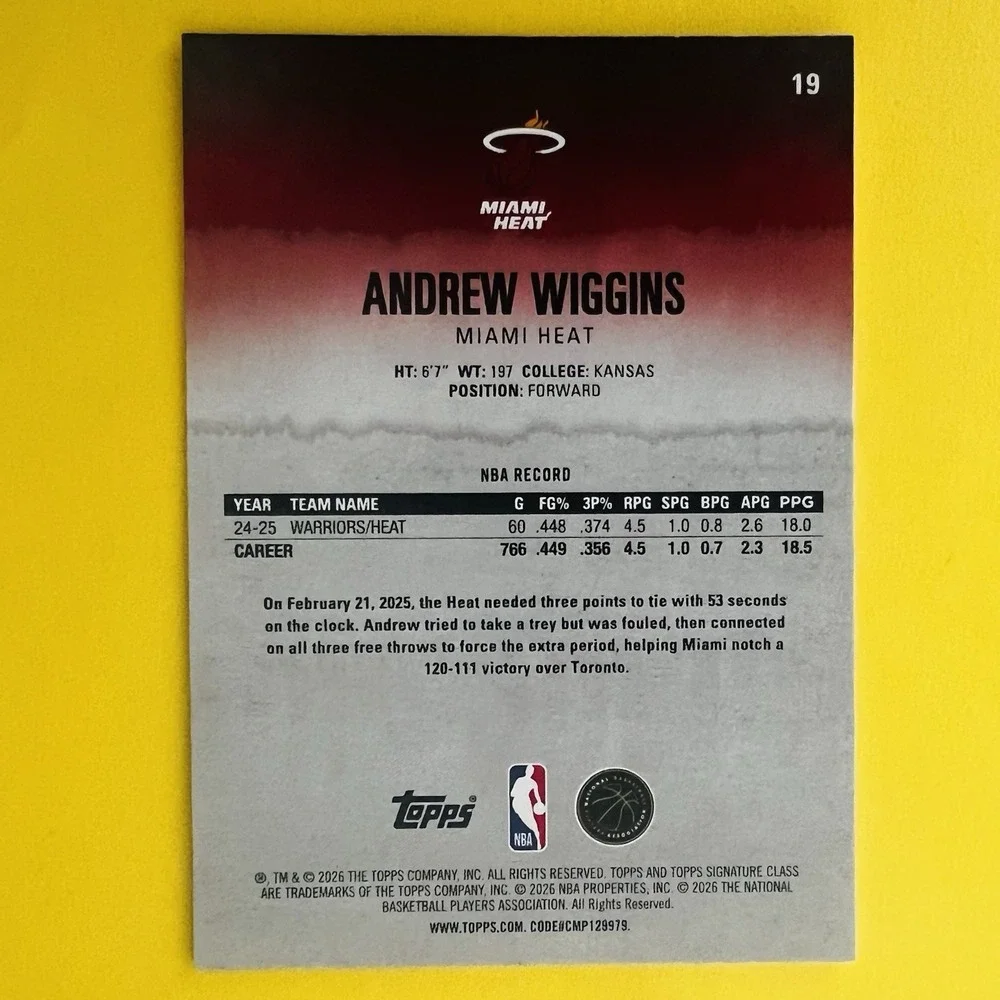 2025-26 Topps Signature Class Round 1 Pick‎ 11 #19 Andrew Wiggins Heat